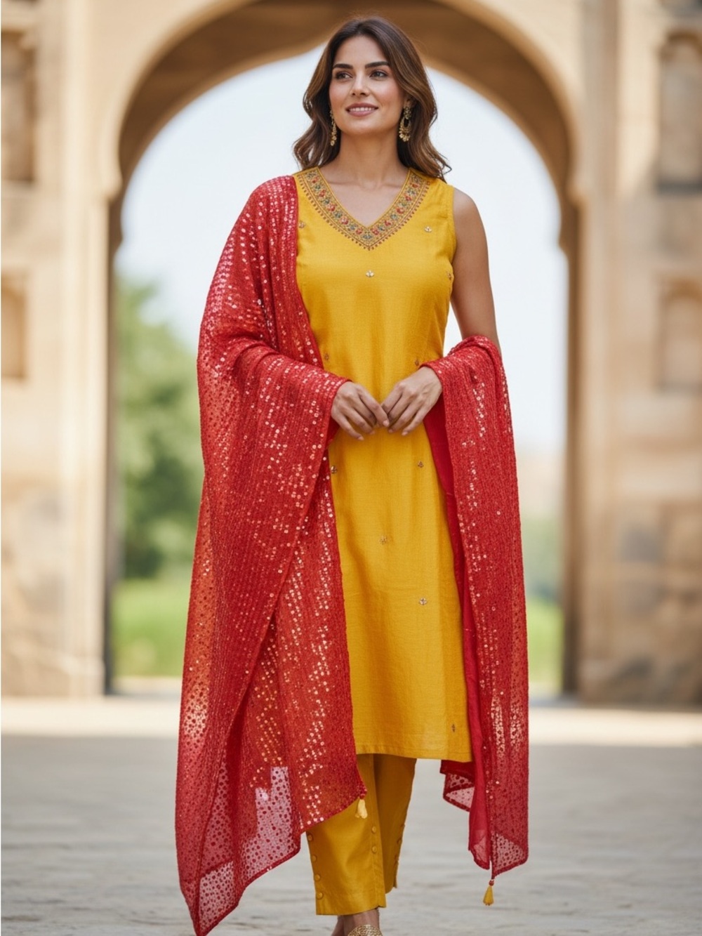 Yellow Sleeveless Kurta with Red Sequined Dupatta